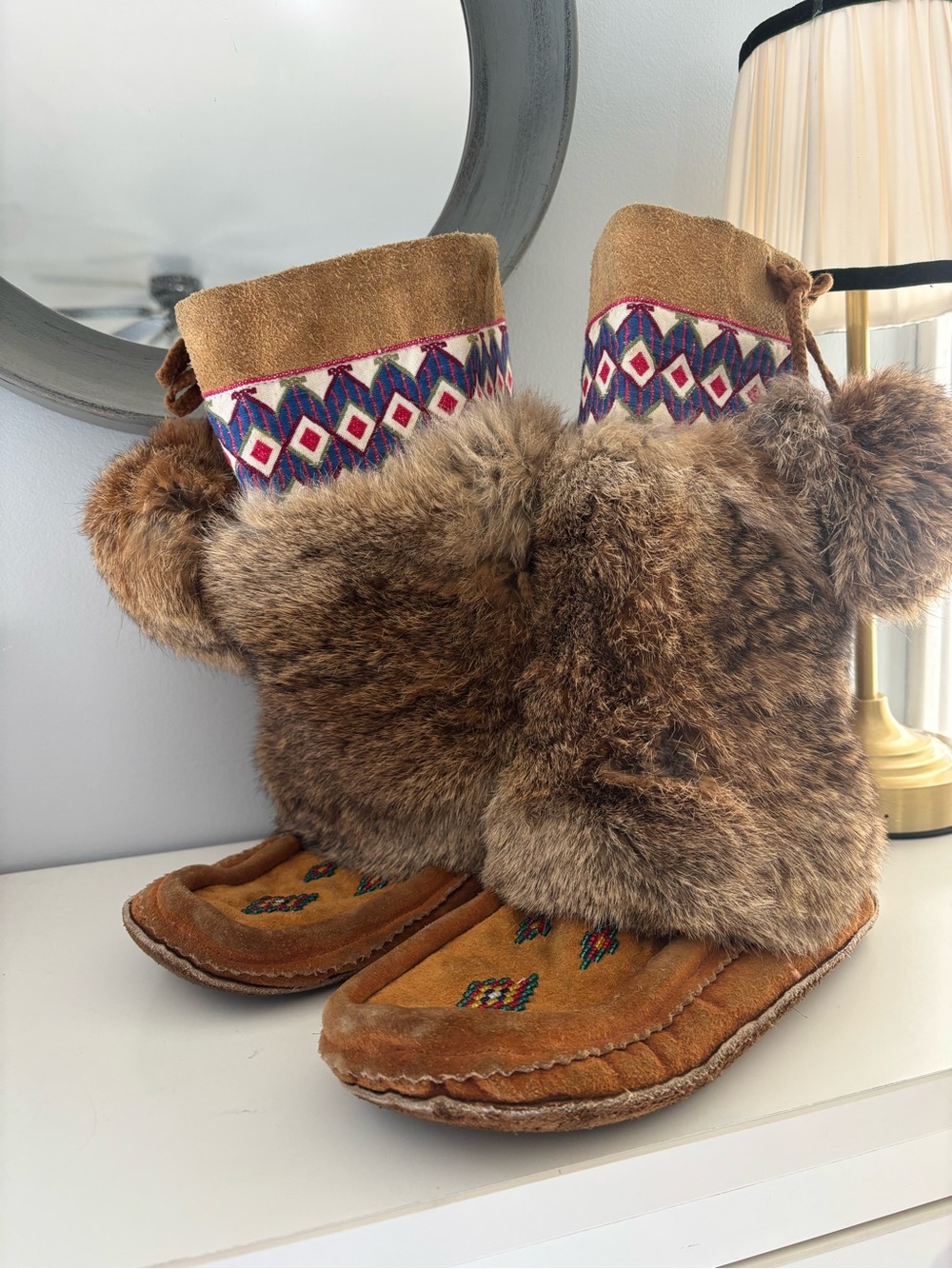 Genuine handmade Women's Brown Fur-Trim Moccasin Boots with Embroidered Cuff